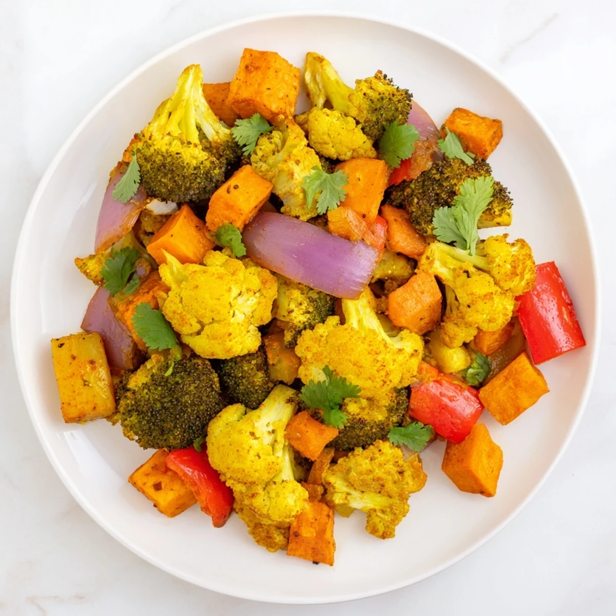 Colorful Anti-Inflammatory Turmeric Roasted Vegetables served warm over quinoa, garnished with fresh cilantro and a bright lemon drizzle.  