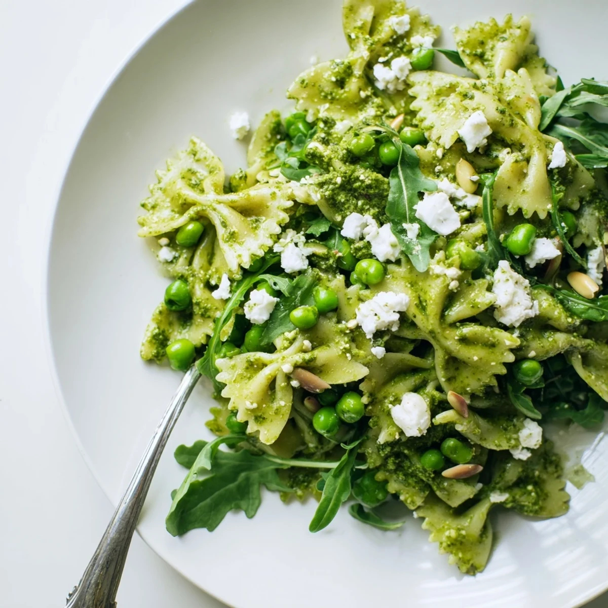 A vibrant plate of Spring Green Pesto Pasta Salad garnished with fresh basil and lemon zest.
