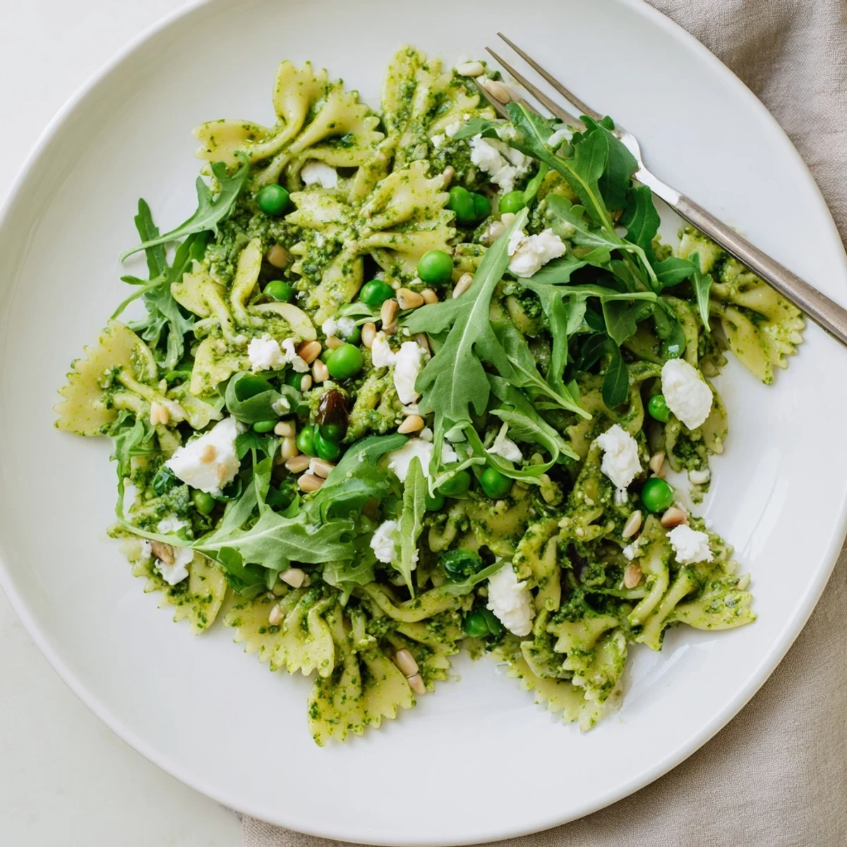 Spring Green Pesto Pasta Salad served cold with peas and arugula on a rustic table.