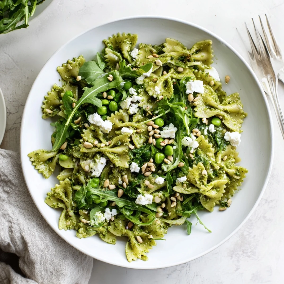 Homemade Spring Green Pesto Pasta Salad tossed with toasted pine nuts and crumbled feta.