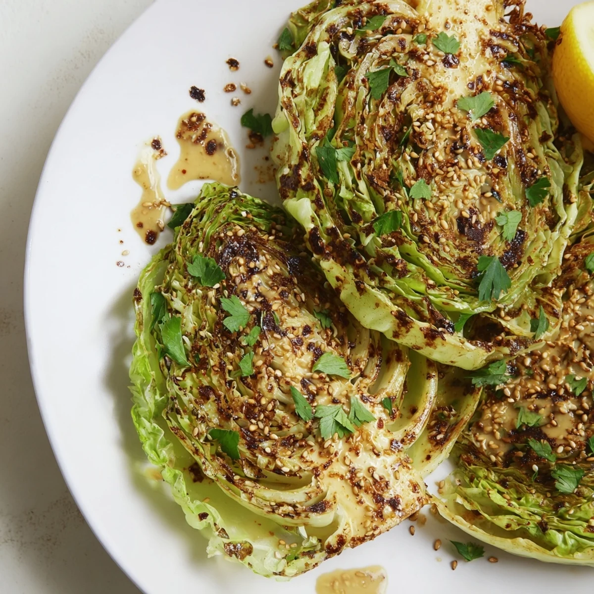 A close-up of thick roasted cabbage steaks with smooth tahini drizzle and vibrant fresh parsley garnish.