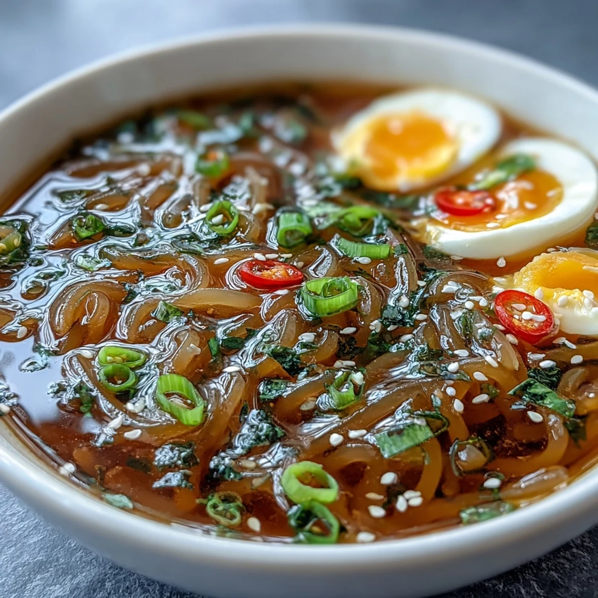 Shirataki noodles in a warm bowl of ginger-infused bone broth, garnished with soft-boiled egg and fresh herbs for a comforting low-carb meal.