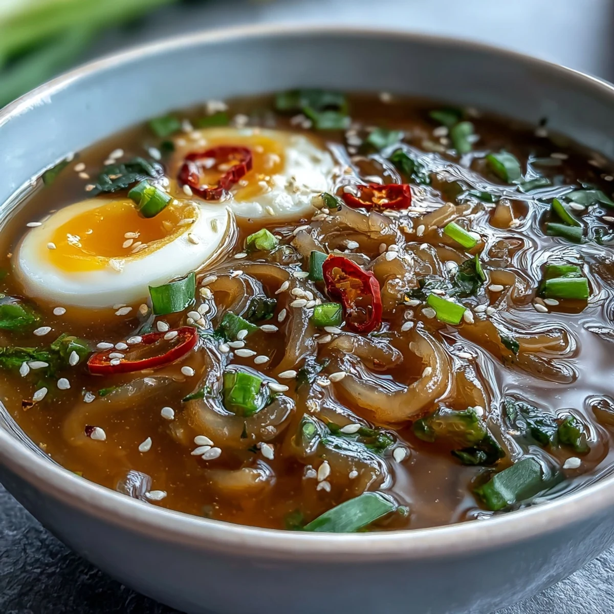 Savory shirataki noodles swimming in rich, steaming bone broth, topped with sliced chili, green onions, and toasted sesame seeds for extra crunch.
