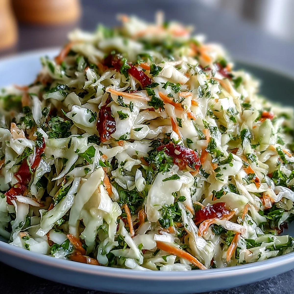 Crisp, tangy sauerkraut slaw featuring colorful vegetables and a bright vinaigrette dressing.