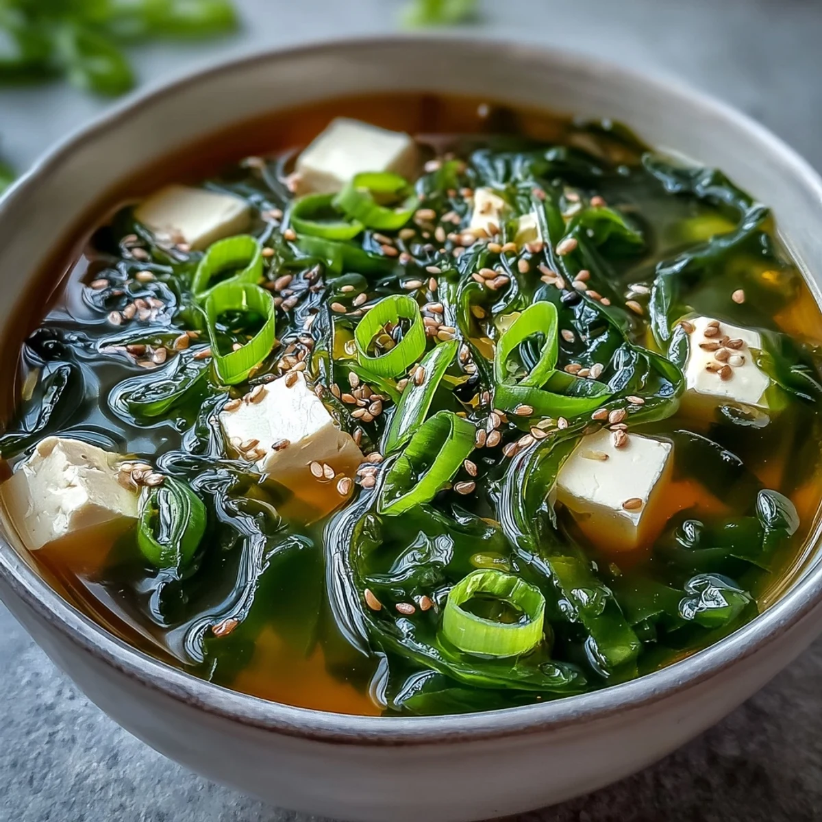 Steaming bowl of Wakame Soup with tender tofu and vibrant scallion garnish.