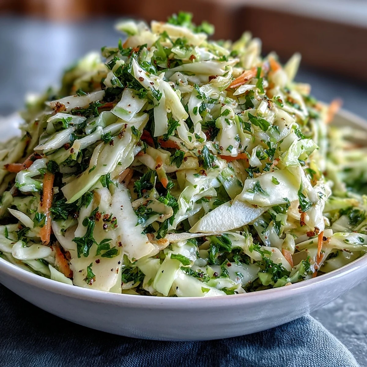 Freshly shredded Green Cabbage and Apple Slaw with crisp Granny Smith apples and carrots tossed in a tangy apple cider dressing.