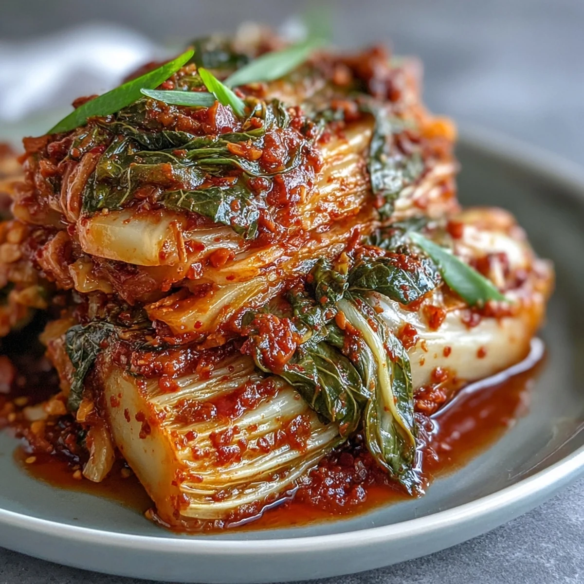 Vibrant, crunchy homemade kimchi with spicy ginger and garlic, ready to serve.
