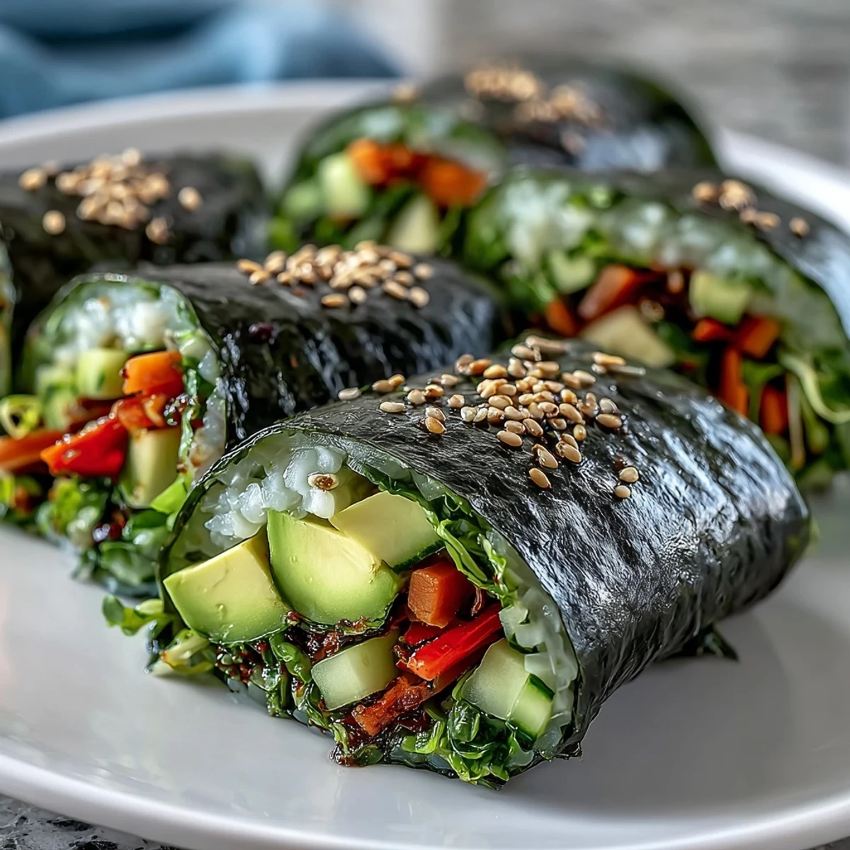 Vibrant seaweed rolls showcase creamy avocado and crunchy sprouts, a healthy delight.