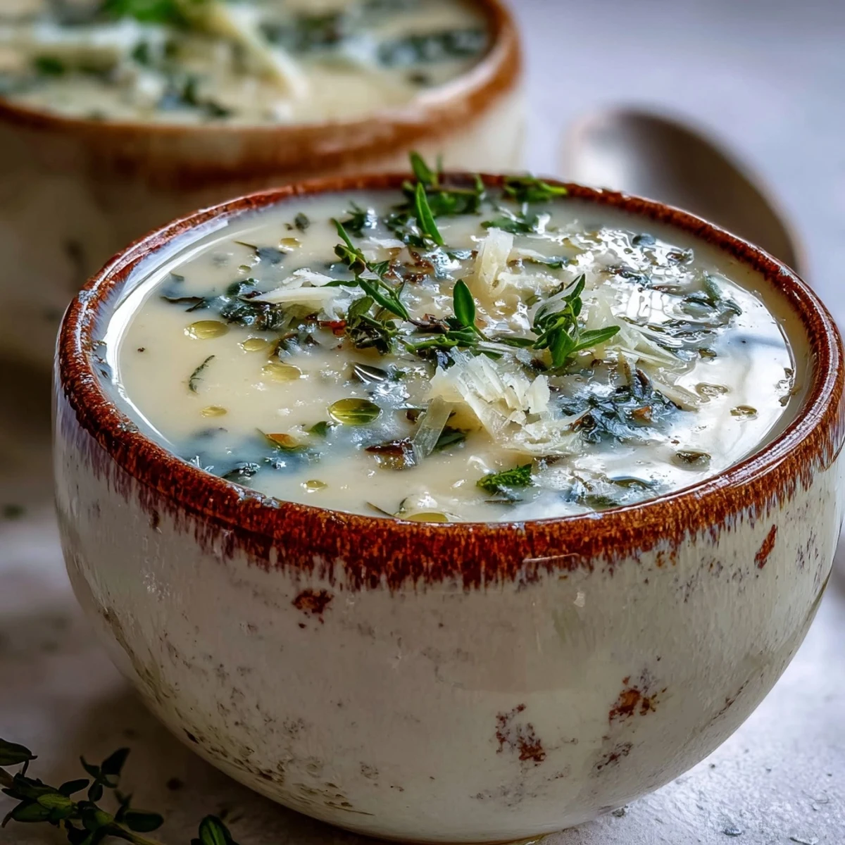 Warm Garlic and Herb Soup simmered with potatoes and leeks, ready to be enjoyed with toasted bread.