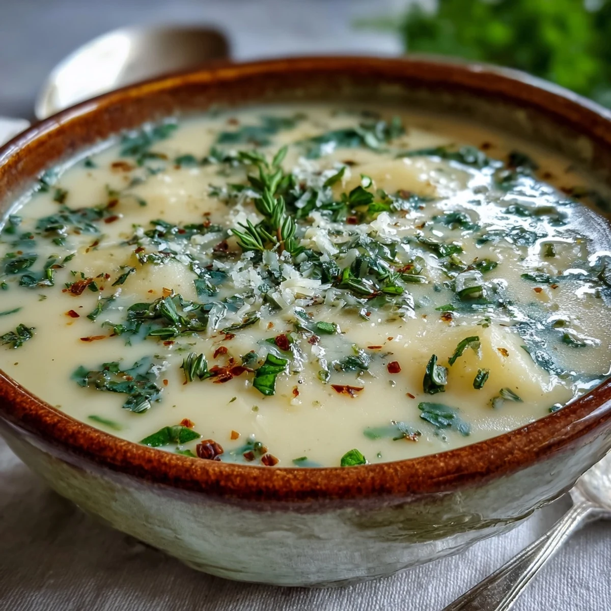 Creamy Garlic and Herb Soup garnished with fresh parsley and chives, served in a rustic bowl.