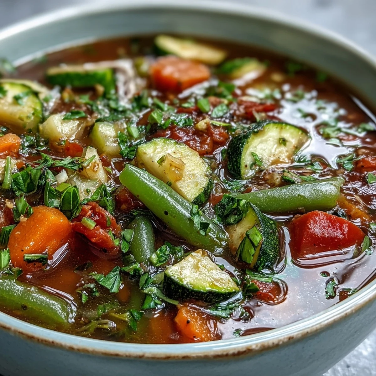 Steaming bowl of Italian Herb Vegetable Soup, packed with zucchini, carrots, and beans.