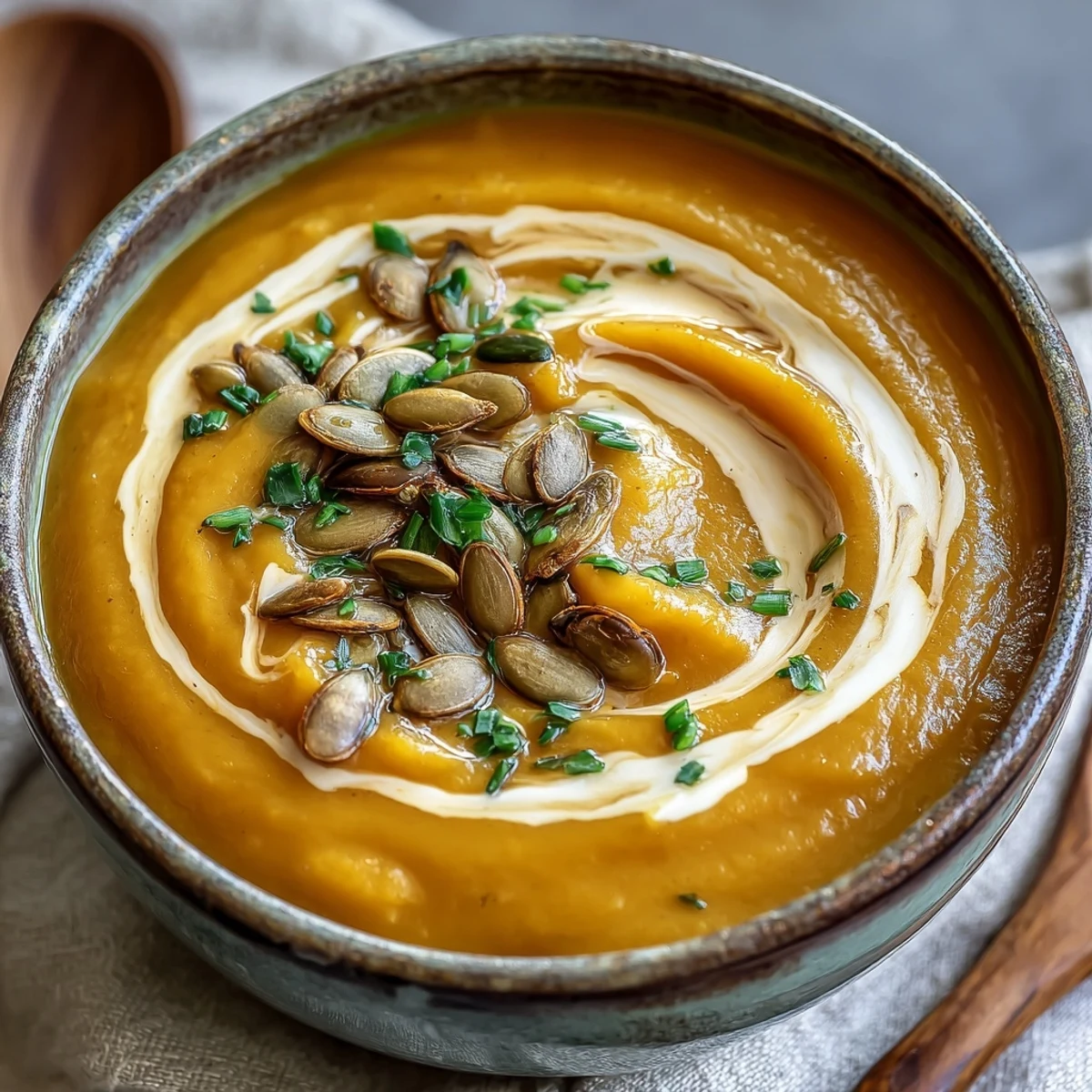 Fresh chives and toasted pumpkin seeds garnish a creamy bowl of acorn squash soup, served with crusty bread.