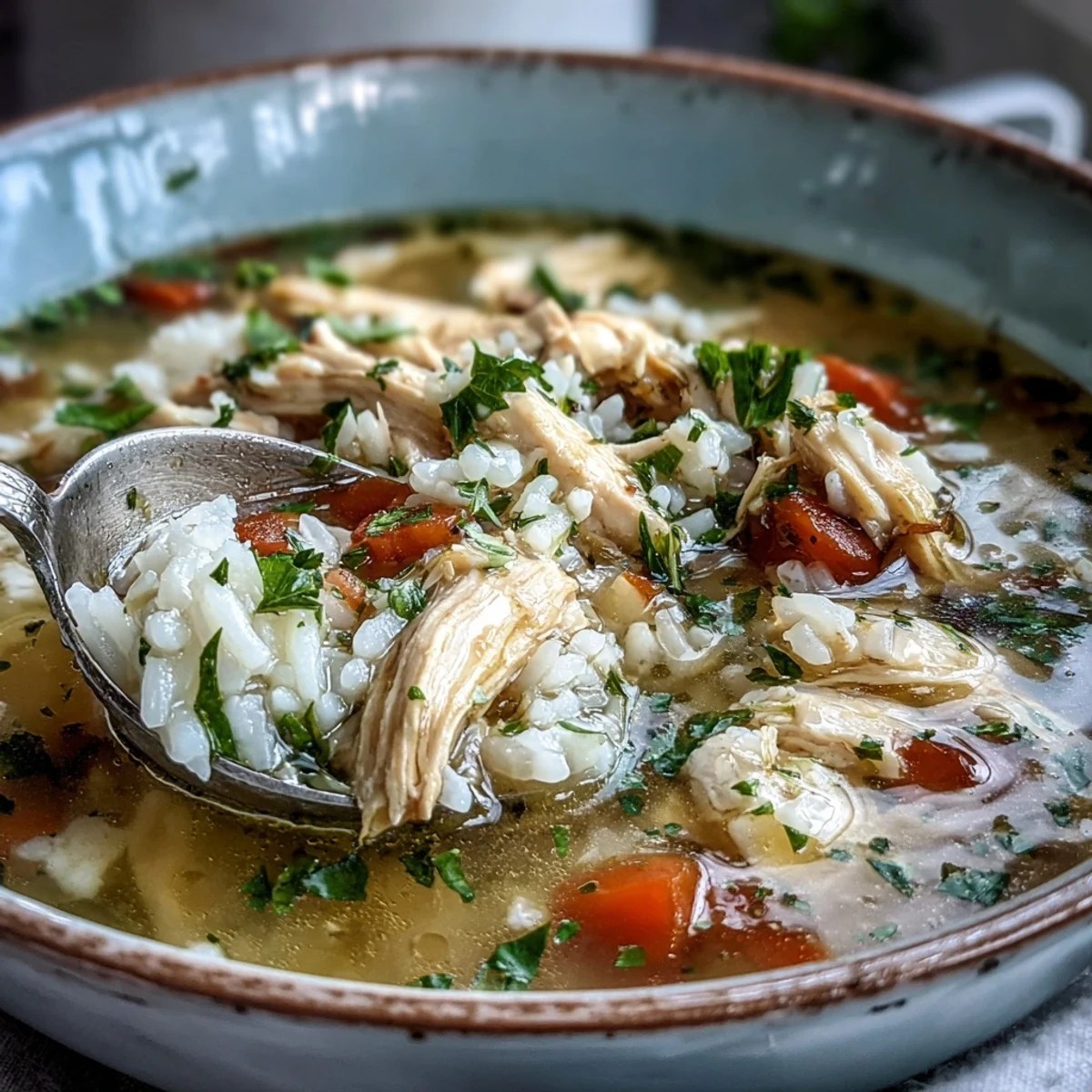 Homemade Cozy Winter Chicken and Rice Soup in a rustic bowl, featuring aromatic vegetables and a rich golden broth.