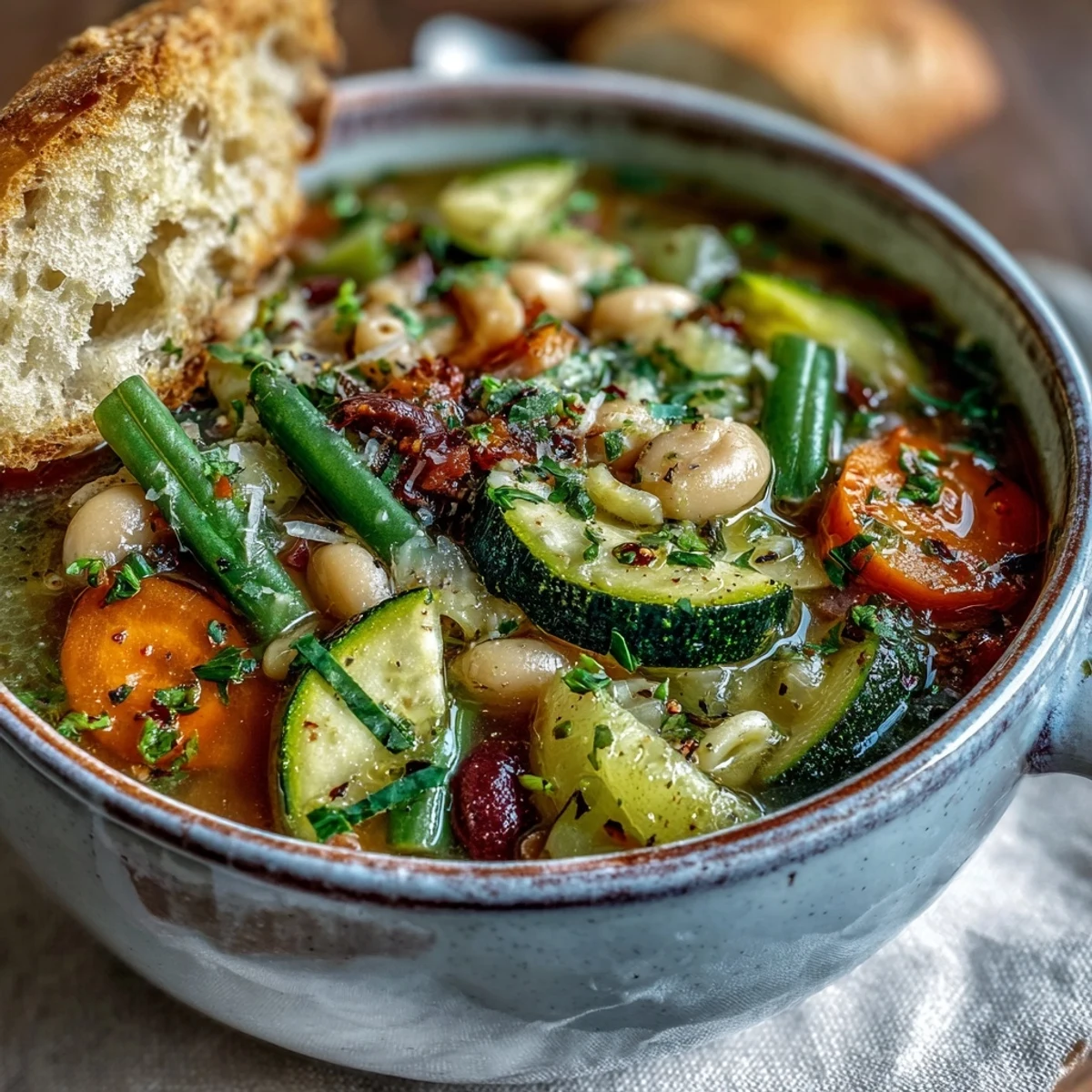 Steaming hot Vegetable Minestrone soup in a rustic bowl with beans and pasta. 