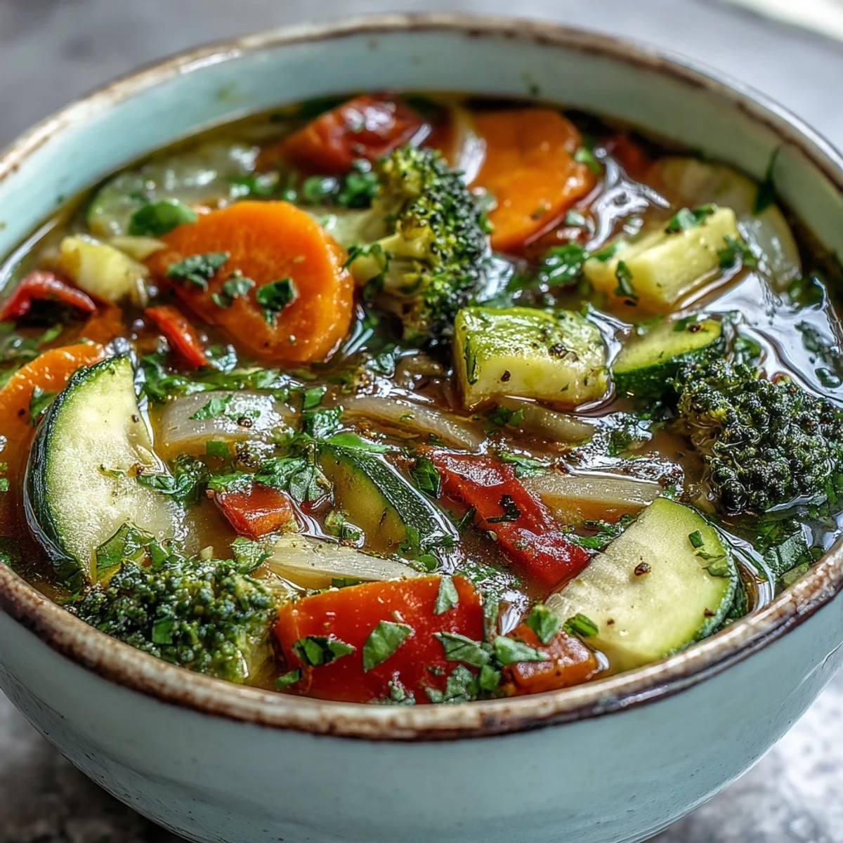 A steaming bowl of Ginger Vegetable Soup, packed with colorful carrots and broccoli, garnished with fresh cilantro for a wholesome vegan meal.