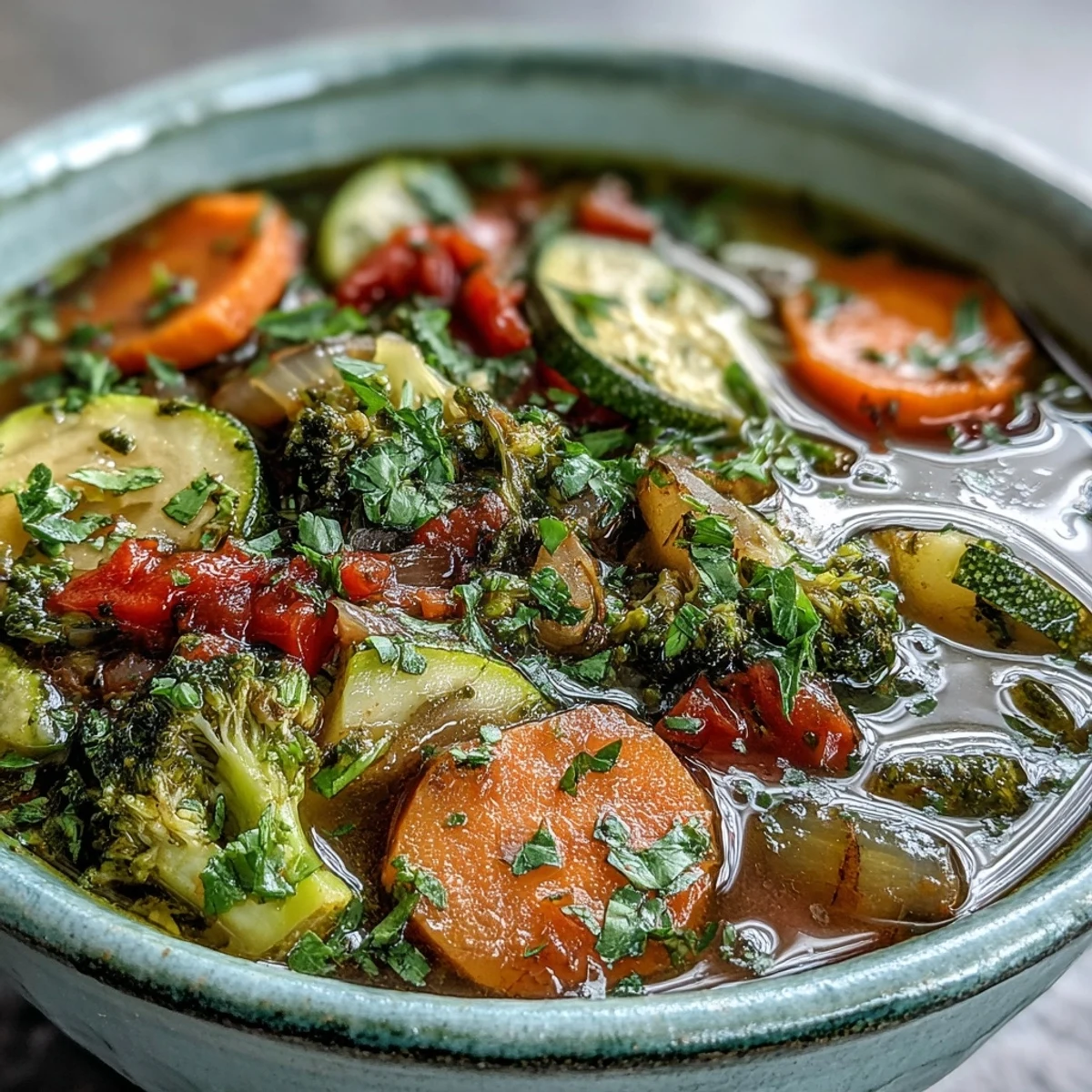Close-up of Ginger Vegetable Soup featuring tender zucchini and red bell peppers simmered in aromatic broth, ready to be served with crusty bread.