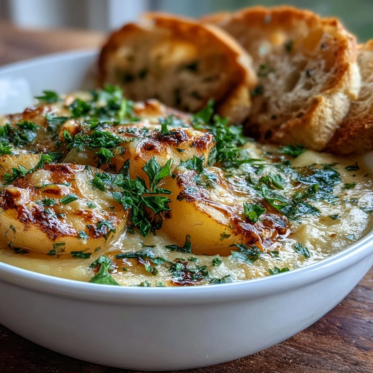 Creamy Roasted Garlic and Herb Soup in a rustic bowl garnished with fresh chives and served beside crusty bread.