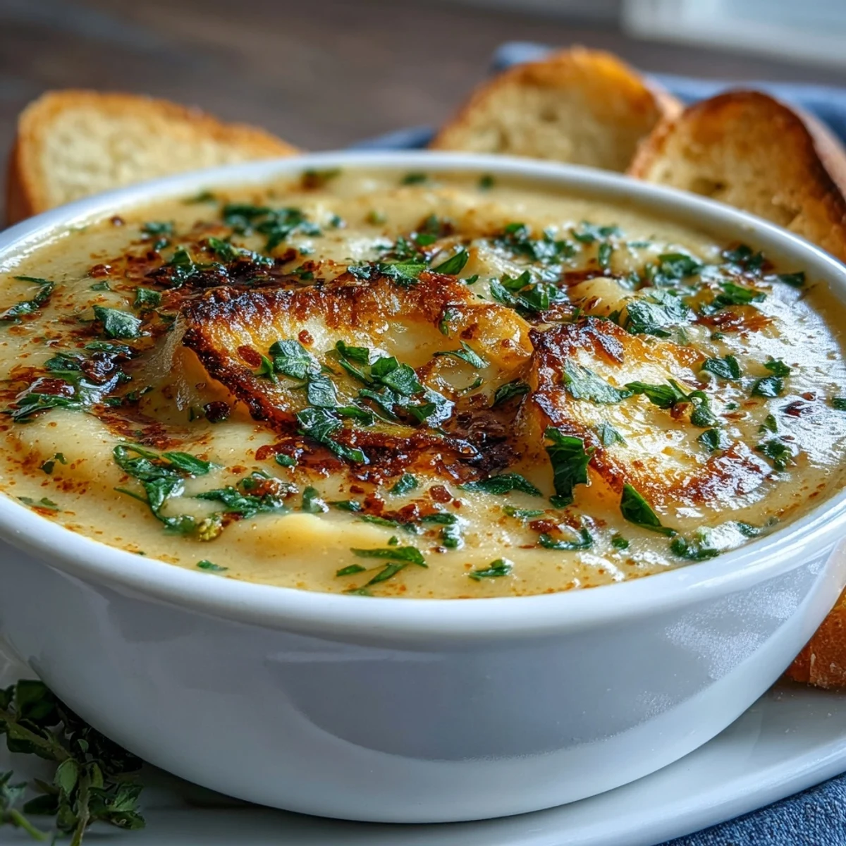 Golden roasted garlic bulbs and fresh thyme beside a pot of simmering Roasted Garlic and Herb Soup.