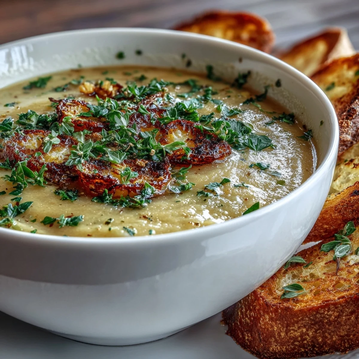Velvety Roasted Garlic and Herb Soup topped with chopped parsley, a swirl of olive oil, and warm crusty bread.