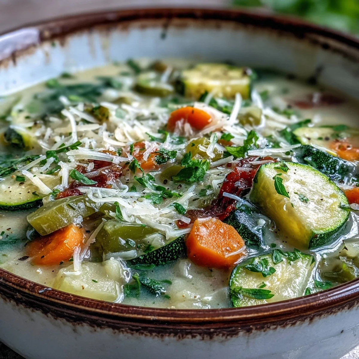 Steaming bowl of Parmesan Veggie Soup, featuring tender diced potatoes, carrots, and green beans in a rich, golden broth topped with fresh parsley.