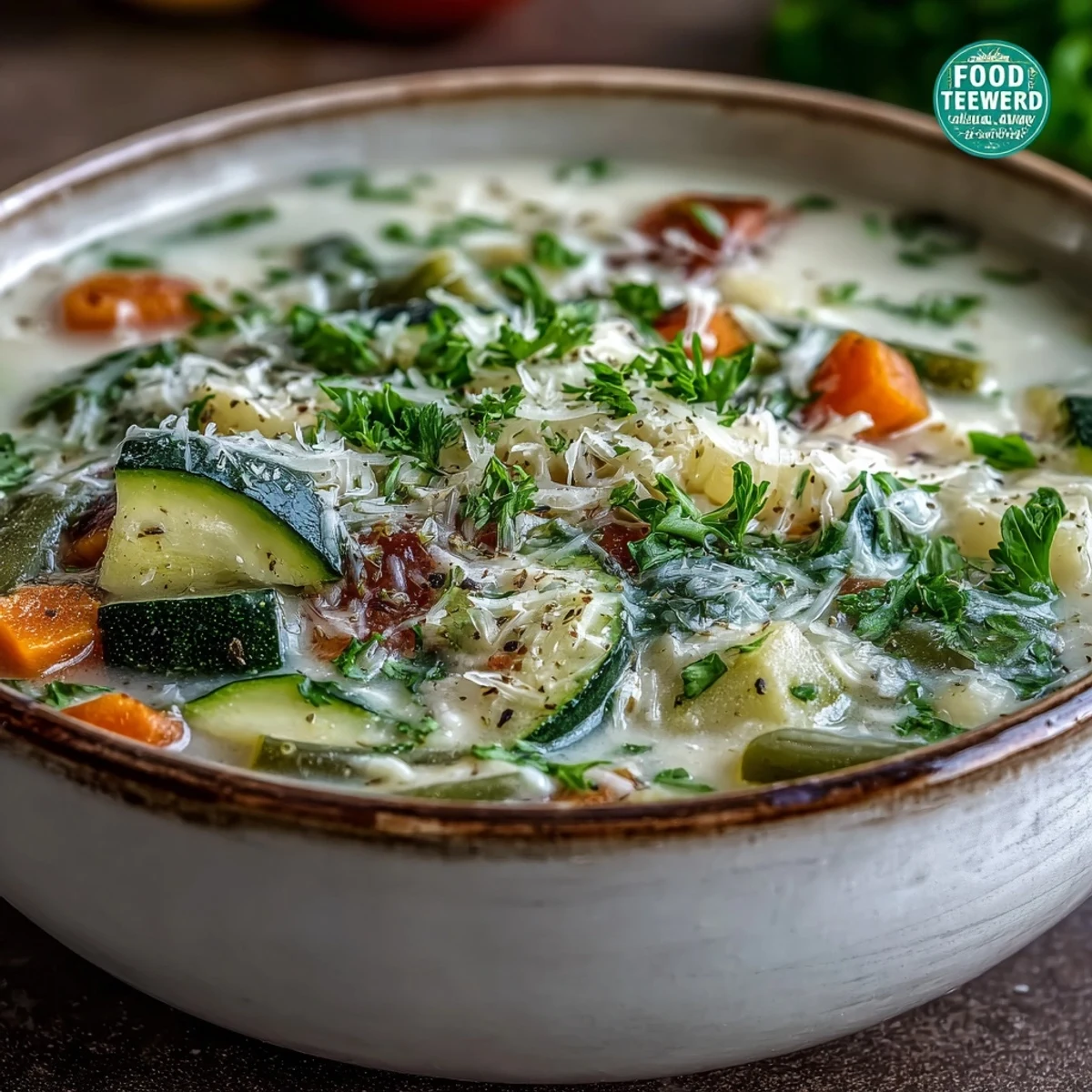 Close-up of hearty Parmesan Veggie Soup in a rustic white bowl, garnished with fresh parsley and grated cheese, ready to be enjoyed with crusty bread.