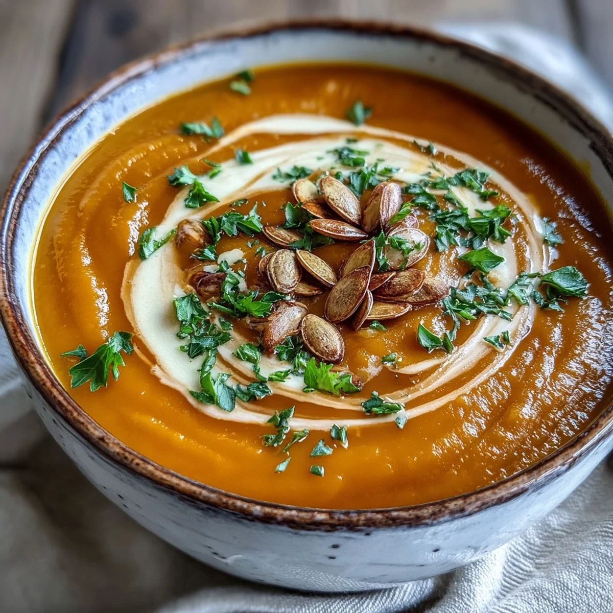 Creamy pumpkin soup garnished with toasted seeds and herbs in a rustic bowl.