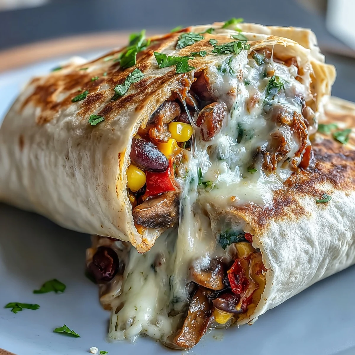 Four golden flour tortillas stuffed with sautéed mushrooms, black beans, sweet corn, and melted cheddar, topped with fresh avocado.