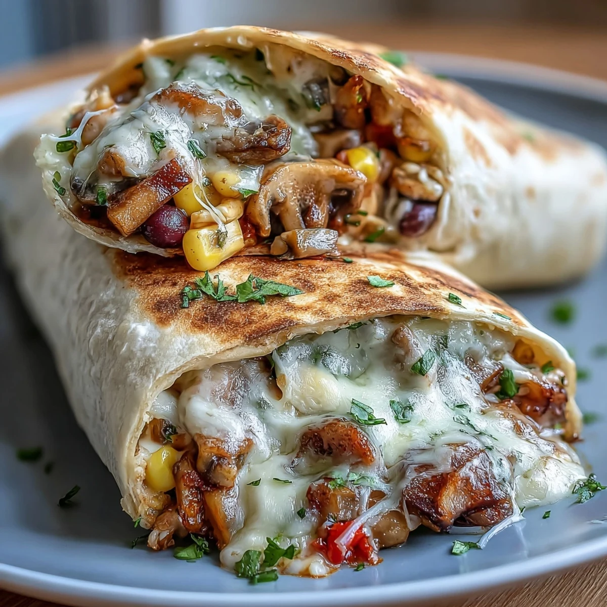 Close-up of hearty veggie burritos on a wooden board, filled with sautéed peppers and onions, ready to be sliced.