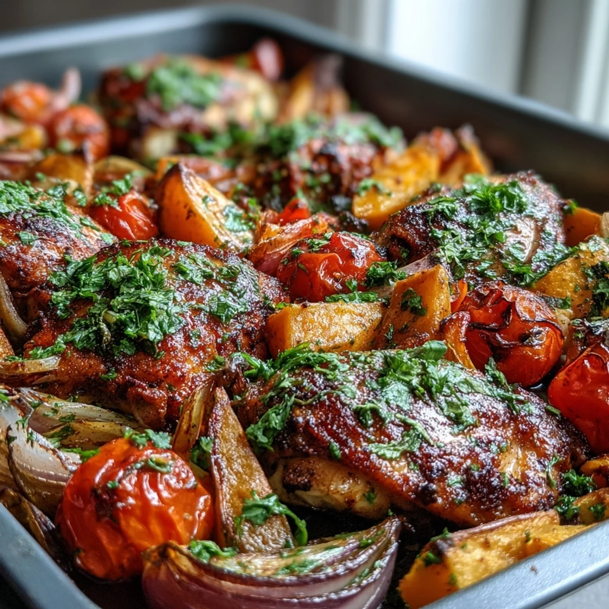 Golden-brown piri-piri chicken thighs with roasted sweet potato wedges and vibrant peppers on a sheet pan.