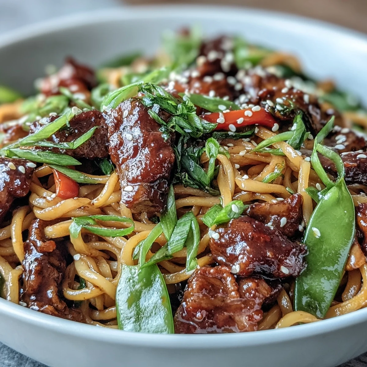 Quick weeknight Pork Noodle Stir-Fry with tender pork, crisp bell peppers, and snap peas tossed in a glossy savory sauce.