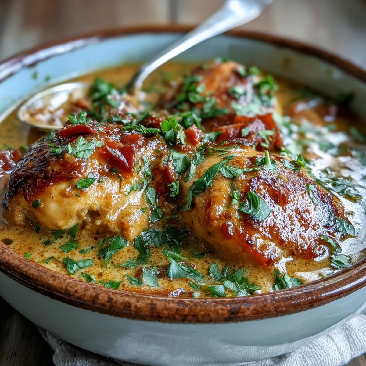 Creamy Easy Chicken Curry simmering in a skillet with aromatic spices and tender chicken thighs for a weeknight dinner.