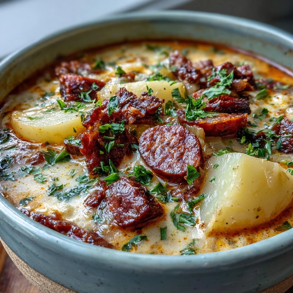 A close-up of Potato, Leek and Chorizo Soup garnished with parsley and chorizo pieces, served in a rustic bowl.