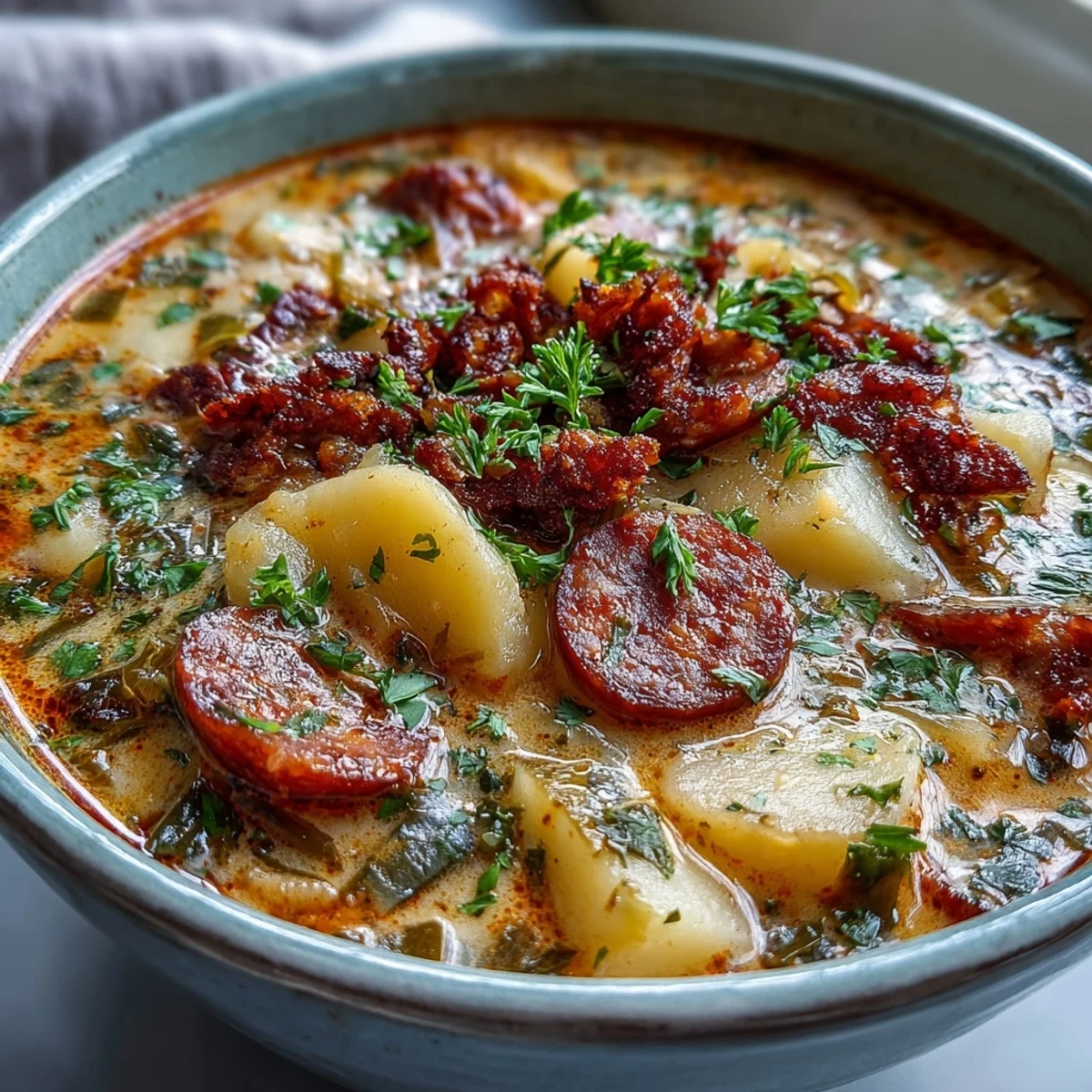 Potato, Leek and Chorizo Soup in a white bowl with a slice of crusty bread on a wooden table.