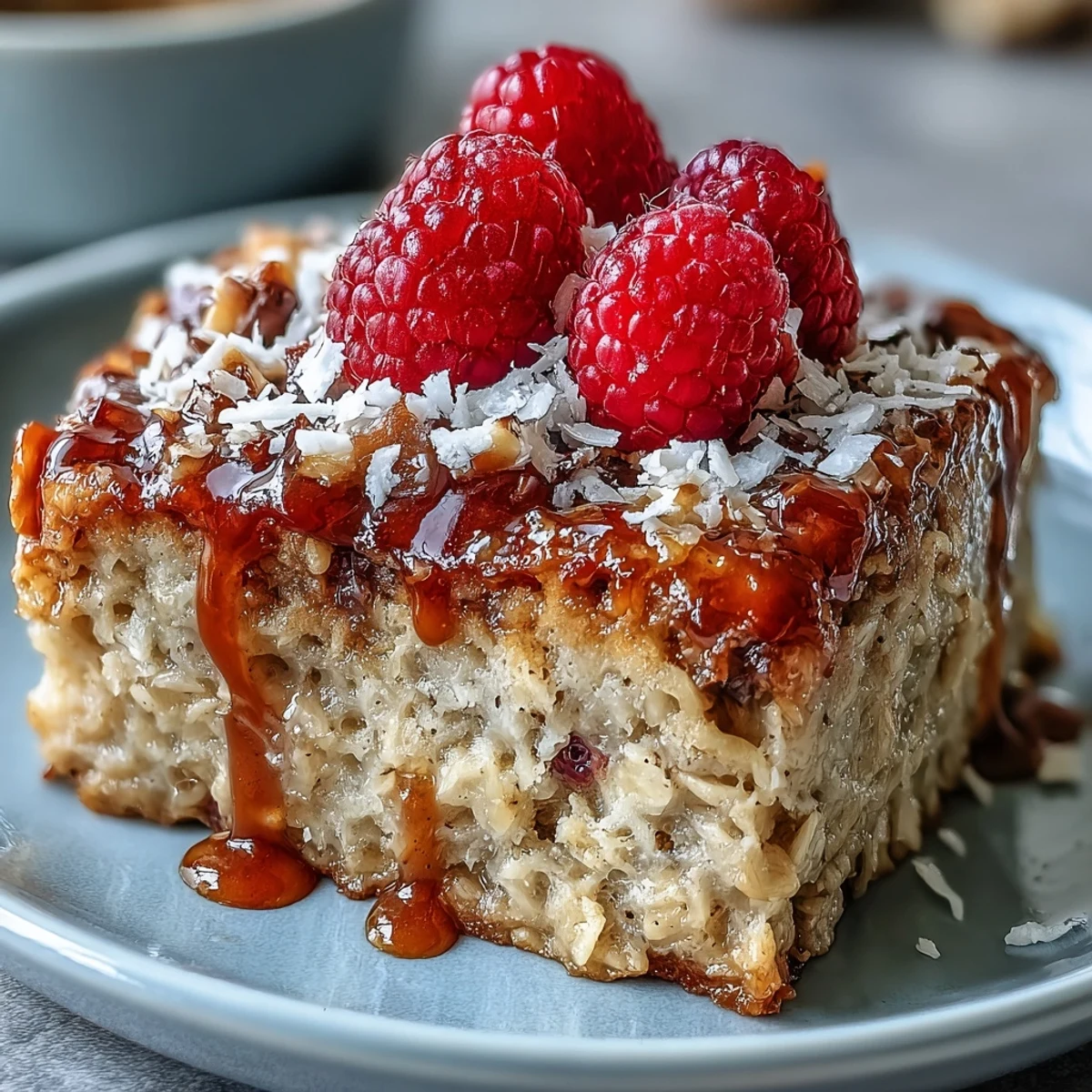 Golden brown baked oatmeal with raspberry and coconut in a white square dish, fresh from the oven.