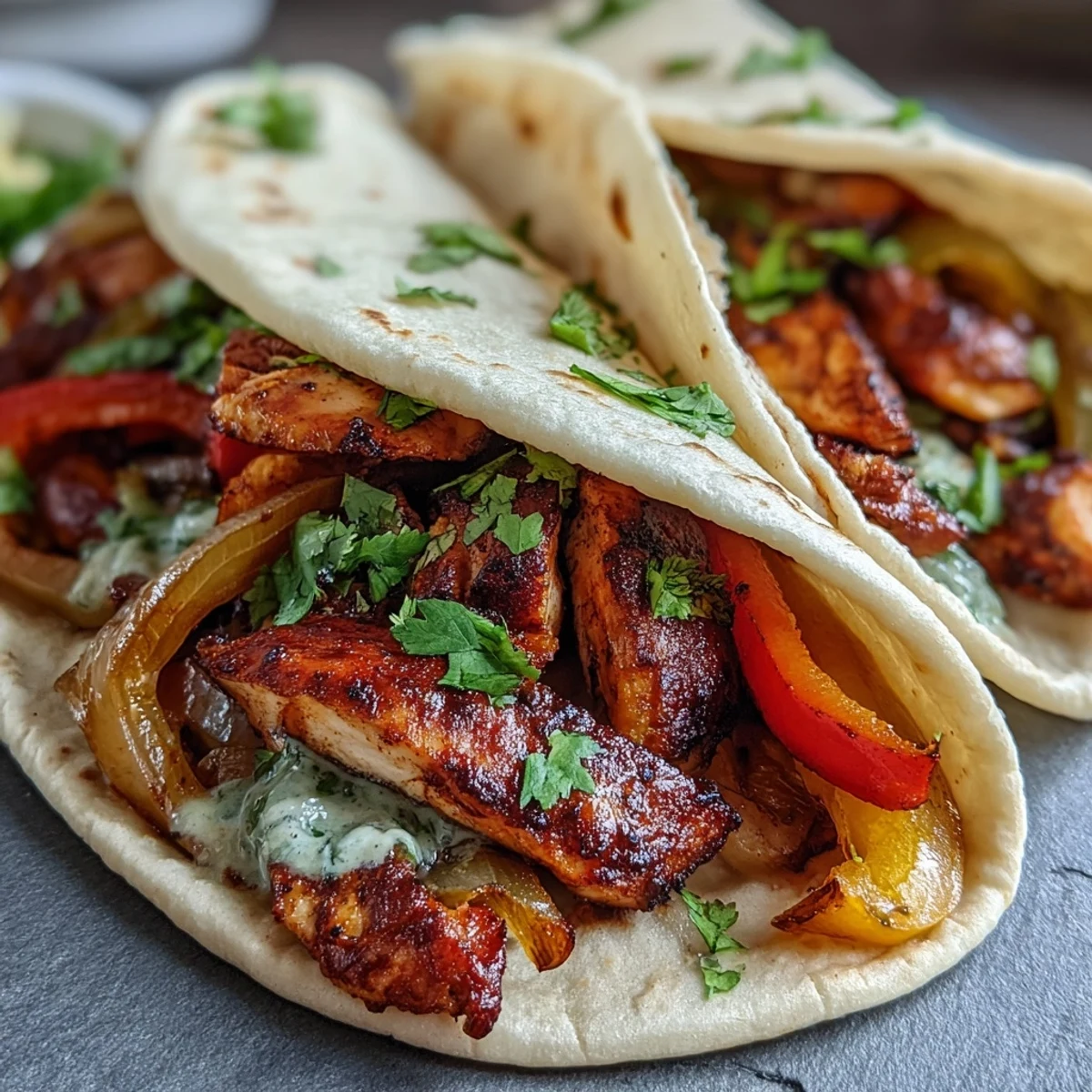 Plated Easy Chicken Fajitas topped with salsa, showcasing juicy chicken and charred vegetables.