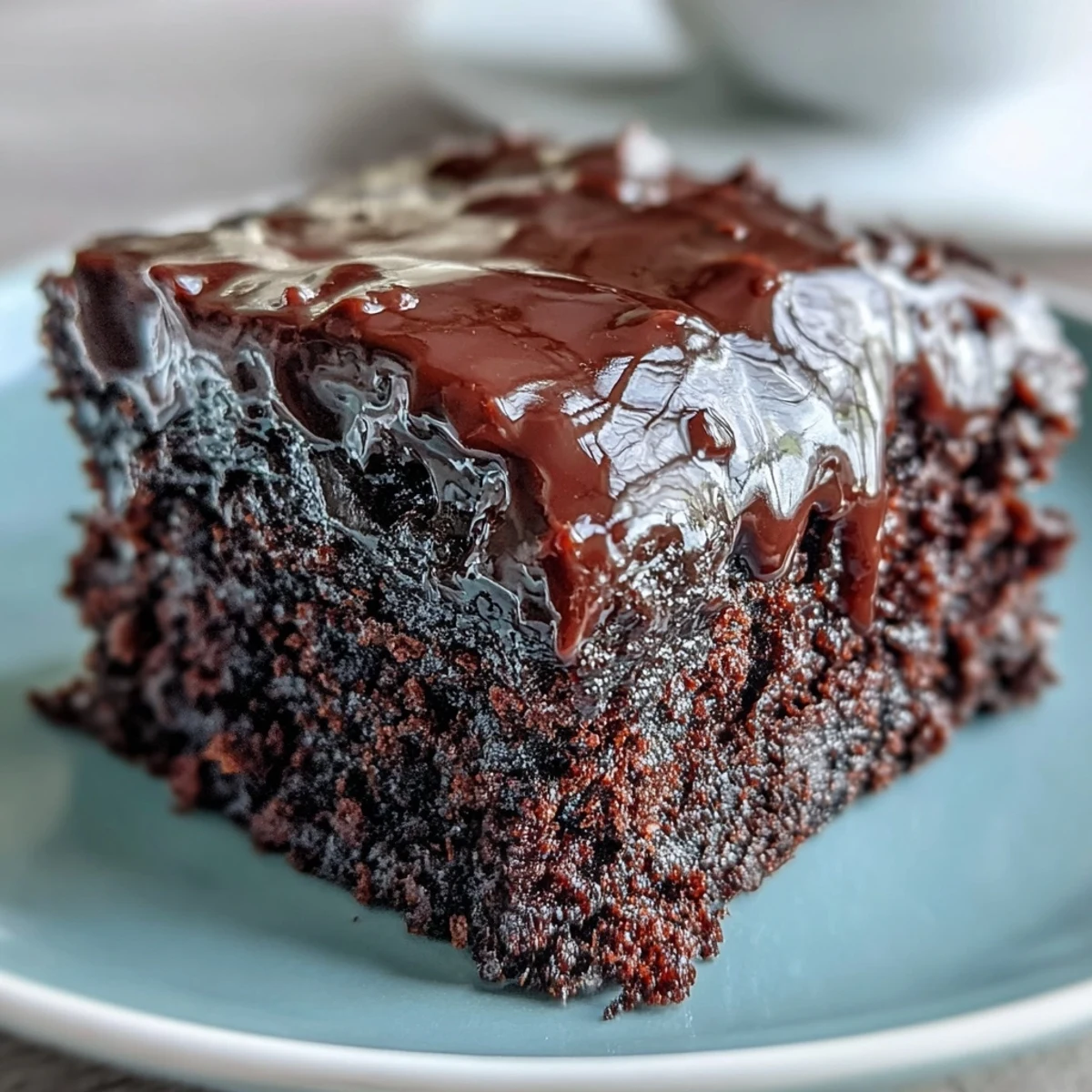 Easy Chocolate Fudge Cake sliced on a plate, revealing a moist crumb and rich, glossy chocolate icing.