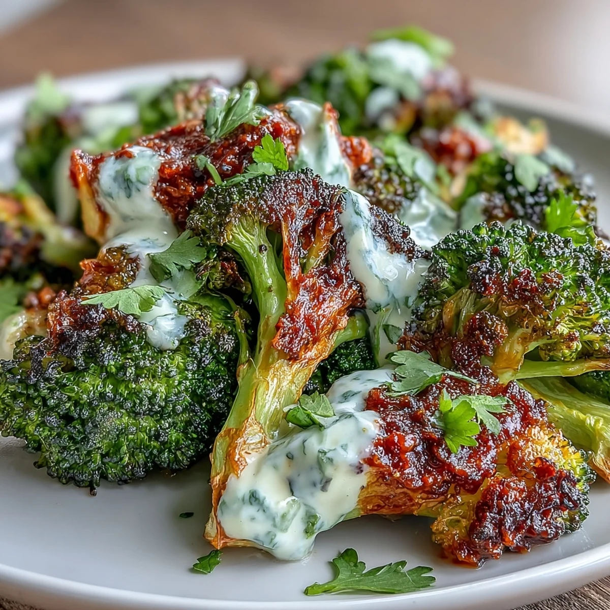 Roasted harissa broccoli and flatbreads topped with Greek yogurt and fresh cilantro.