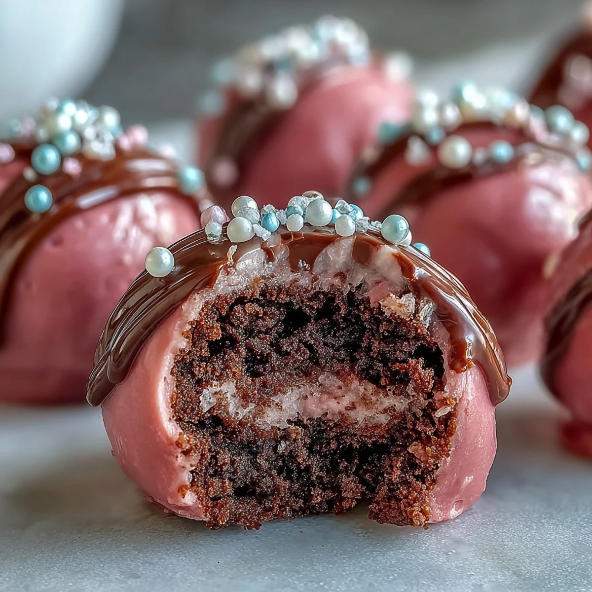 Chilled Oreo Truffle Balls with pink candy coating and rainbow sprinkles on a rustic platter.