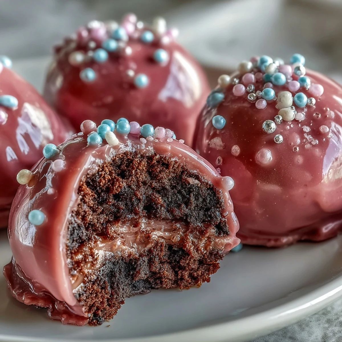 Close-up of Oreo Truffle Balls showing a smooth, cracked pink shell revealing the creamy interior.