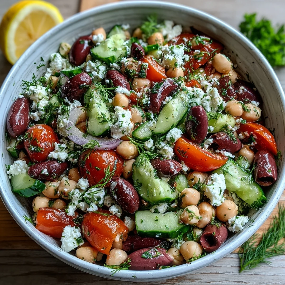 Bright Mediterranean flavors: lemon-oregano marinated beans tossed with creamy feta, fresh herbs, and crisp veggies.