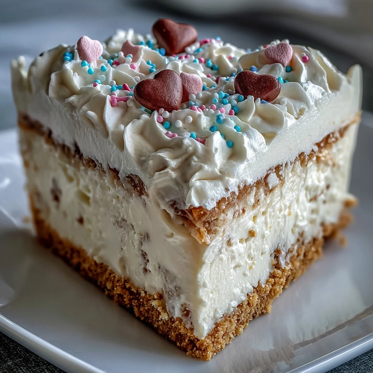 Creamy candy hearts fake cake slice with whipped frosting and a crunchy candy heart garnish.
