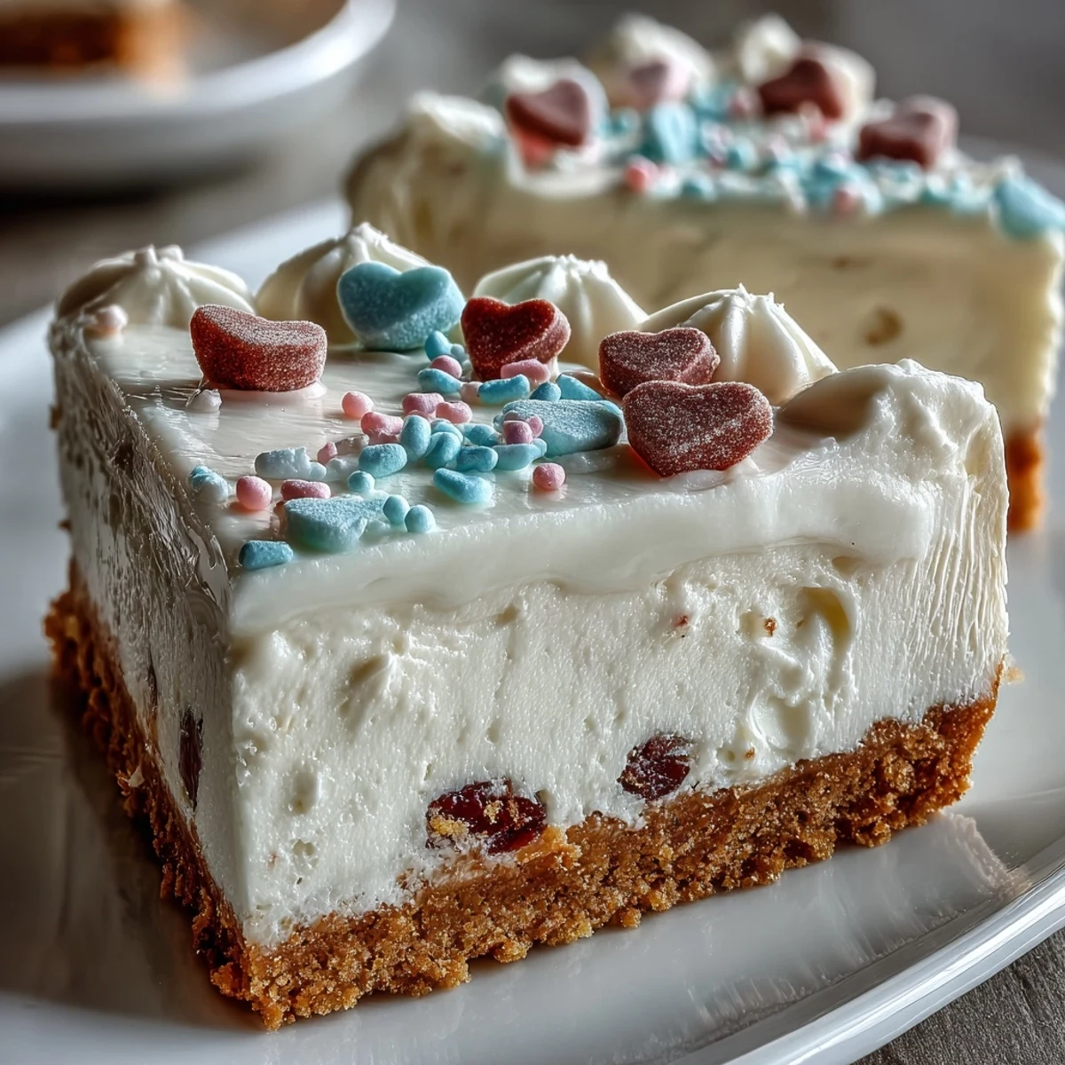 Chilled cheesecake with graham cracker crust and pastel candy hearts on a dessert plate.
