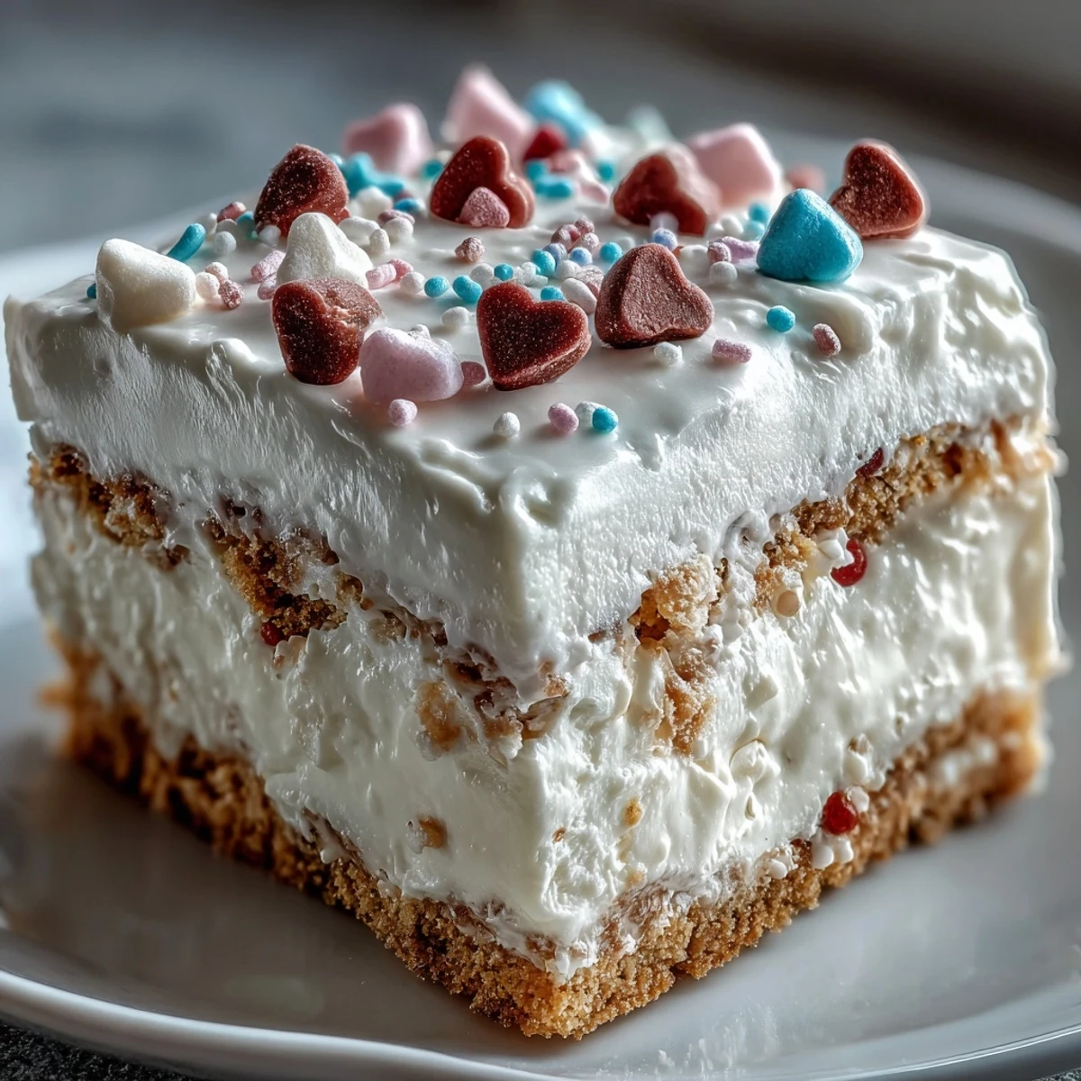 Homemade candy hearts fake cake with pink whipped frosting and rainbow sprinkles for a party.