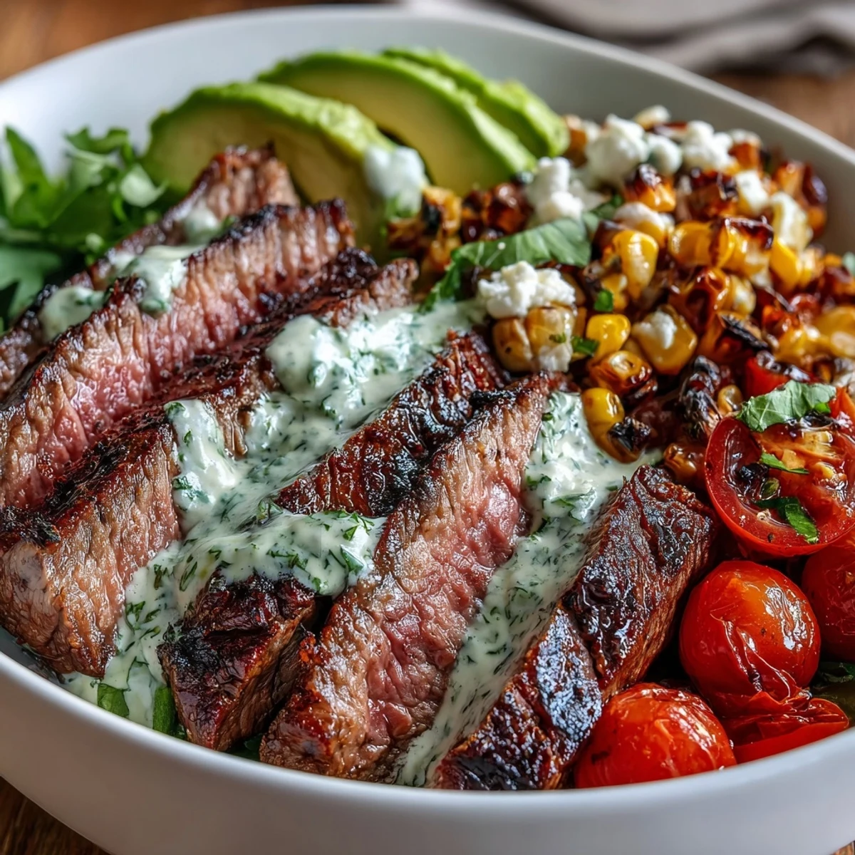 Sliced flank steak, creamy avocado slices, and charred corn kernels top a bed of fluffy white rice in this Tex-Mex bowl.