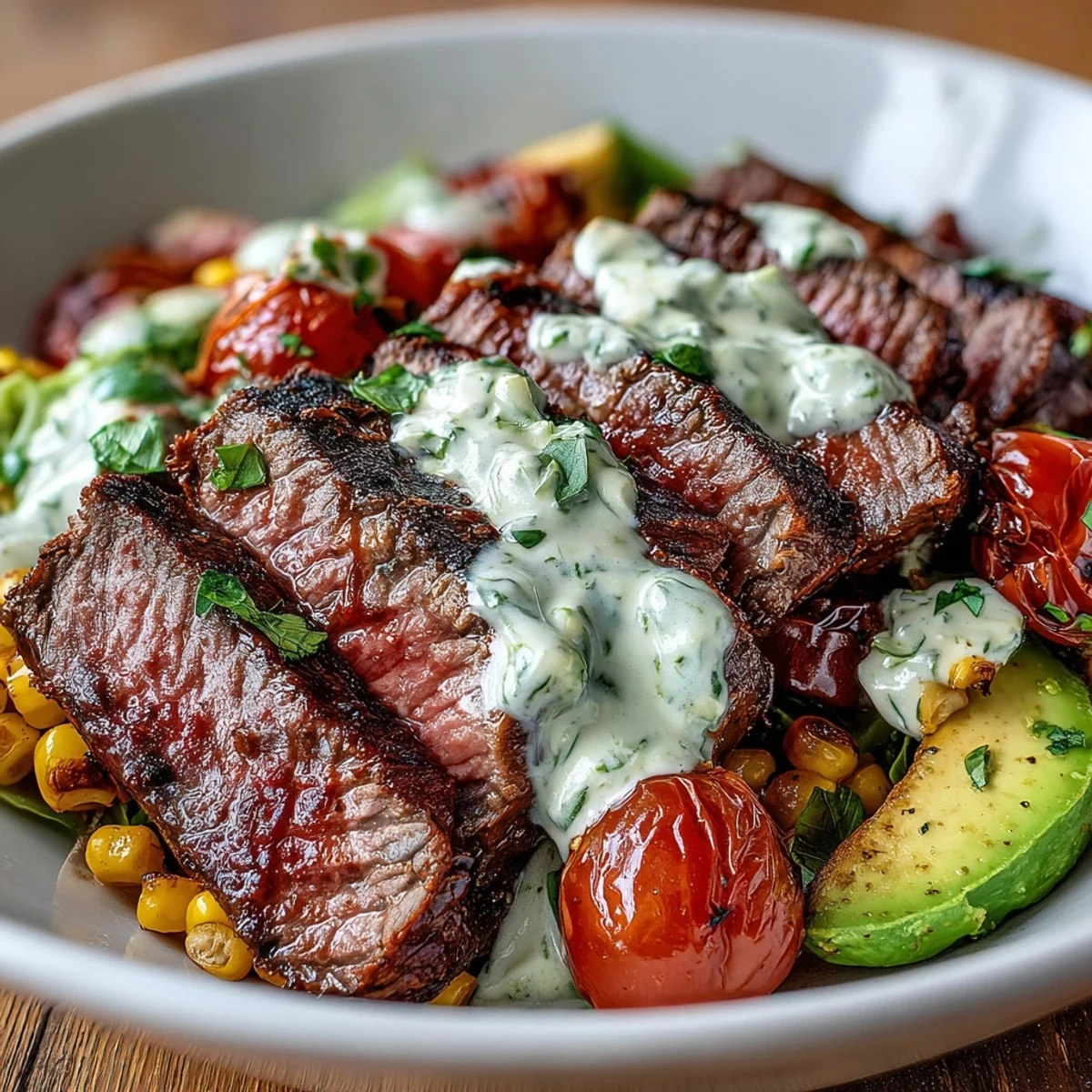 Steak, Avocado, and Roasted Corn Bowl with lime wedges, Cotija cheese, and fresh cilantro garnish ready to serve.