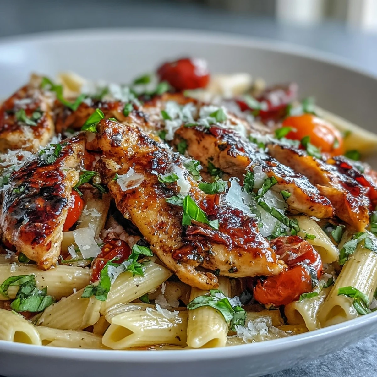 Plated Bruschetta Chicken Pasta with golden seared chicken, juicy cherry tomatoes, and melted mozzarella on penne.