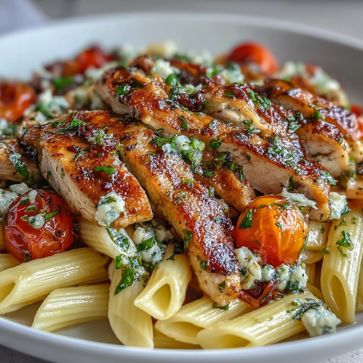 Freshly grated Parmesan and diced mozzarella top a serving of Bruschetta Chicken Pasta, ready for a family dinner.