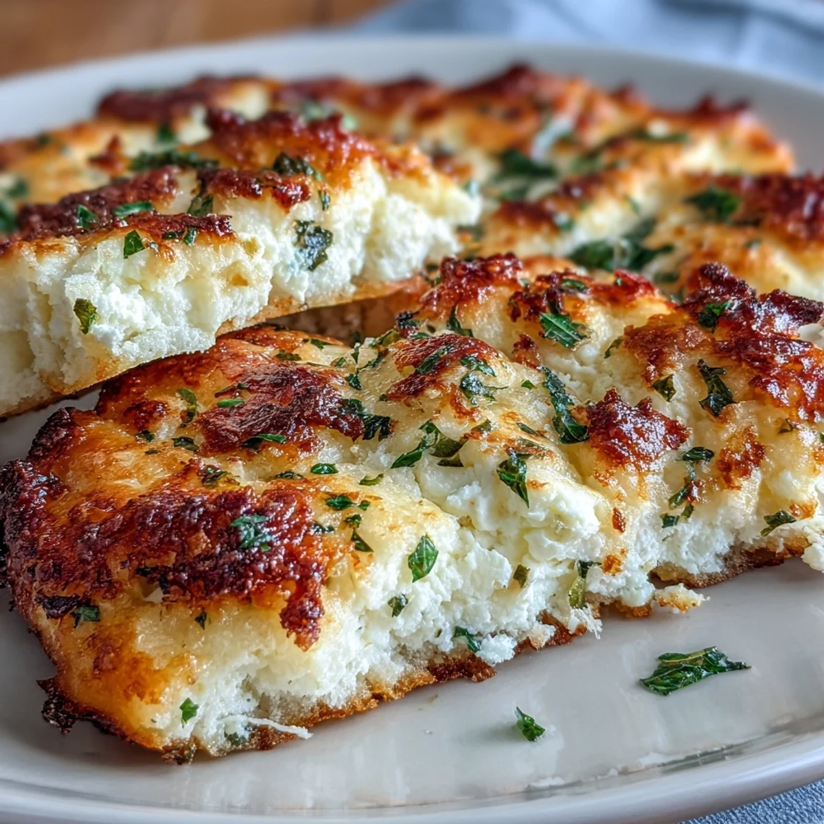 Golden-brown Fluffy Cottage Cheese Flatbread with visible herbs, stacked and ready to serve with a side dip.