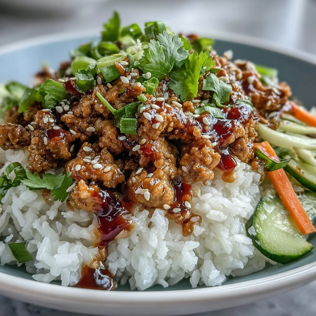 Fluffy white rice topped with Bang Bang Ground Turkey Rice Bowls, featuring tender turkey, crunchy carrots, and a drizzle of tangy chili mayo sauce.