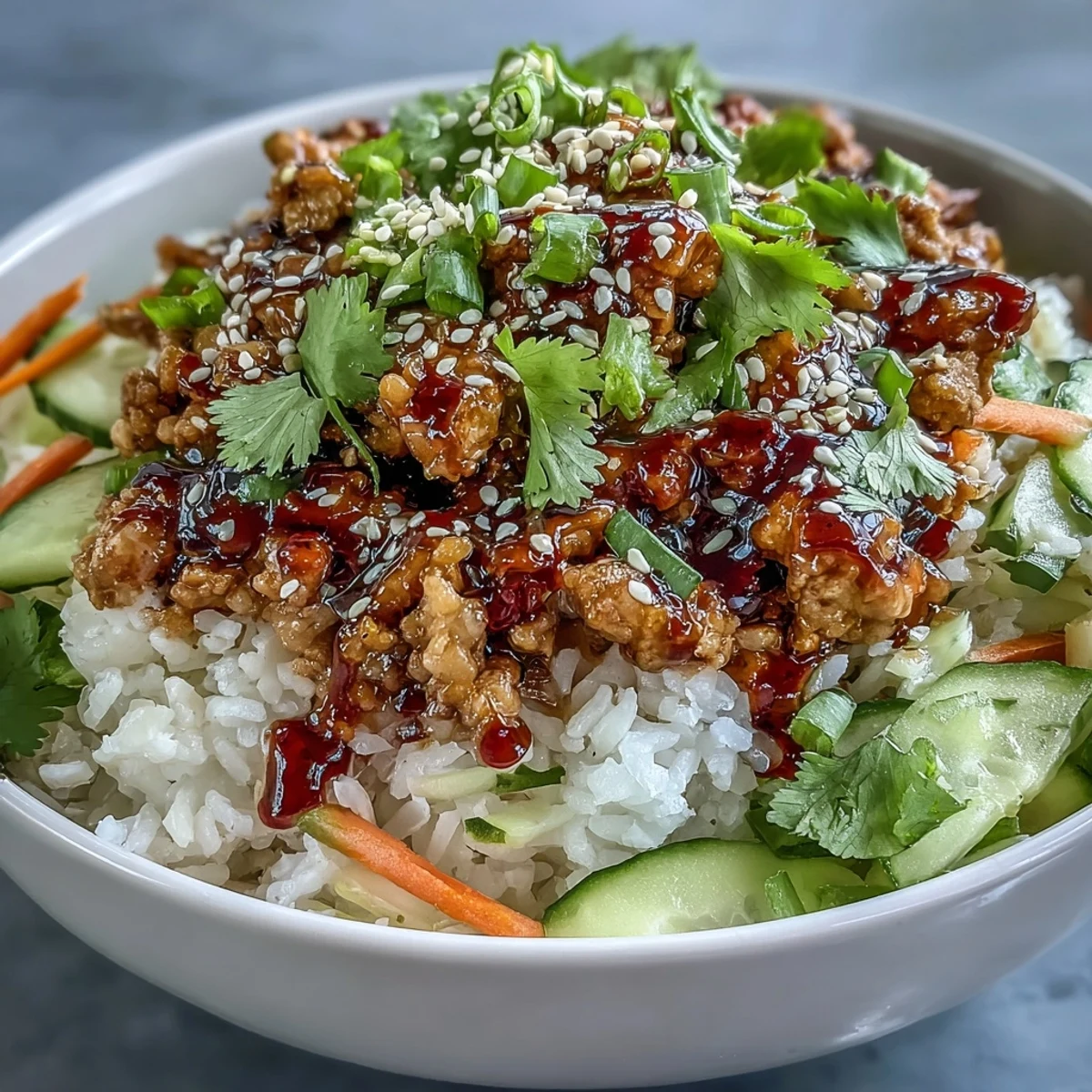 Colorful Asian-inspired Bang Bang Ground Turkey Rice Bowls with shredded cabbage and cucumbers, ready to enjoy for an easy dairy-free weeknight dinner.